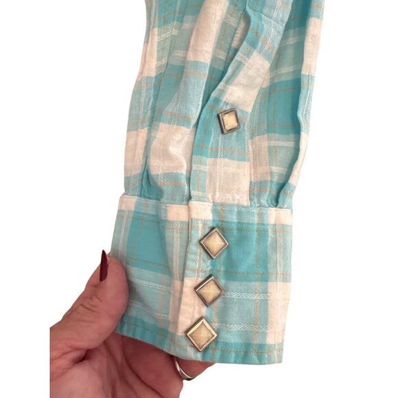Polo Ralph Lauren Western Diamond Pearl Snap Shirt Women's M Turquoise Plaid - Picture 7 of 14